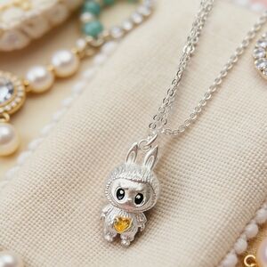 Labubu Inspired 925 Sterling Silver Necklace Yellow Gold Heart Edition